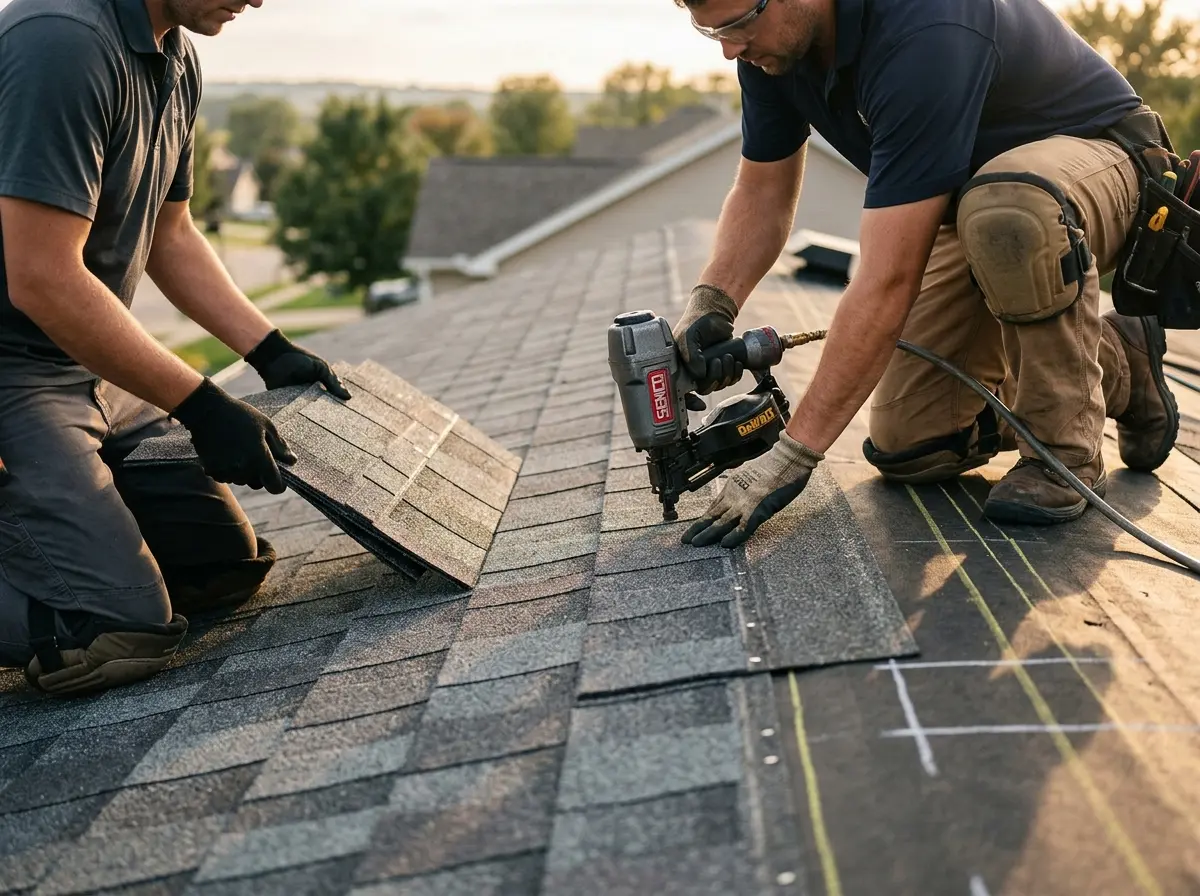 Professional roofer working on a residential roof in Contra Costa Centre